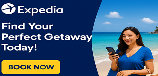"Expedia travel deals banner with logo, Find Your Perfect Getaway Today message, Book Now button, and smiling woman on tropical beach holding smartphone – exclusive offers on weCoupons.shop."