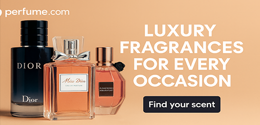 Perfume.com banner featuring three luxury fragrance bottles — Dior Sauvage, Miss Dior, and Flowerbomb — with the tagline “Luxury Fragrances for Every Occasion” and a “Find Your Scent” button.