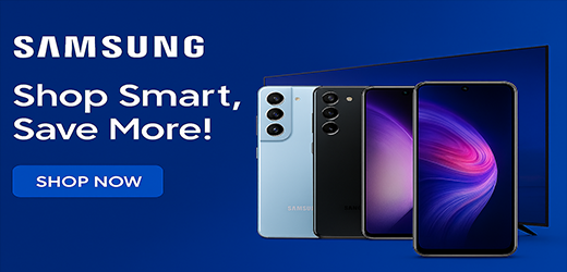 "Samsung banner with logo, Shop Smart Save More message, Shop Now button, Samsung Galaxy smartphone and large screen TV – electronics deals on weCoupons.shop."